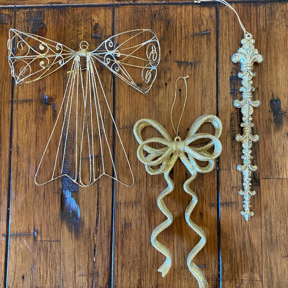 Gold Christmas Ornaments Sparkly Bows Bundle